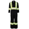 Black coveralls with reflective stripes.