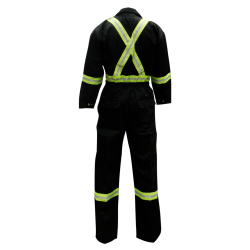 Black coveralls with reflective stripes.