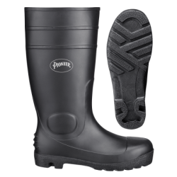 Bottes imperméables faites de PVC noir, la  tige (hauteur) de la botte est de 16 po (41 cm).