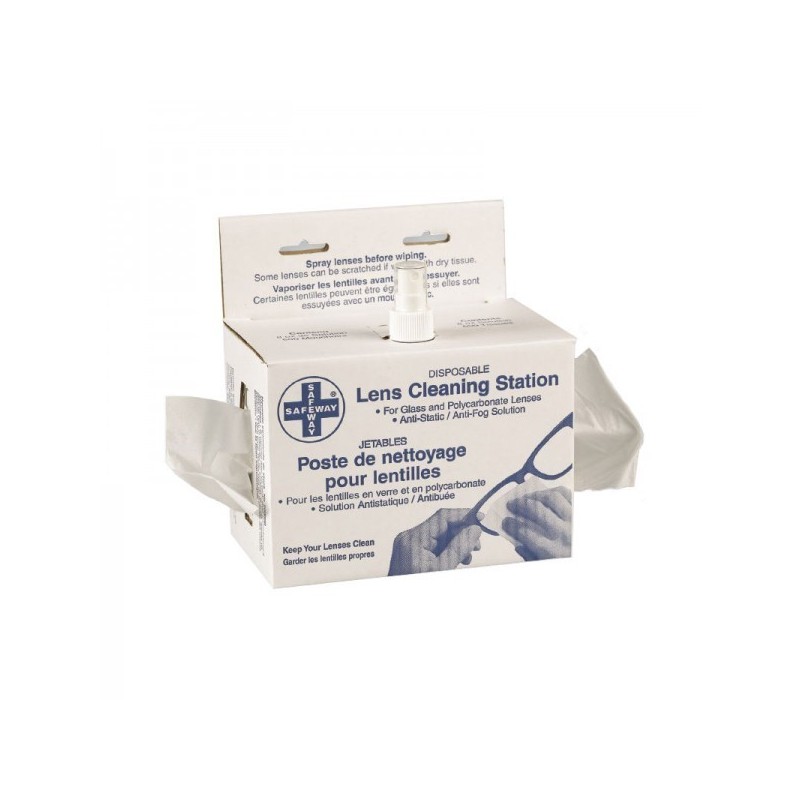 Lens cleaning station with cleaning tissues and lens solution.