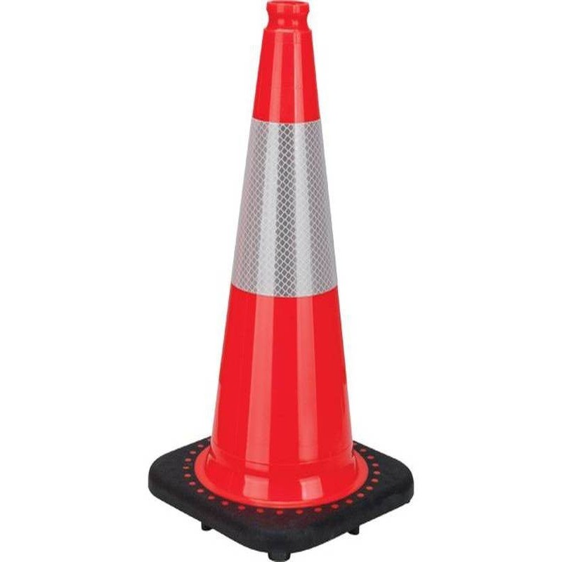 Orange traffic cone whit 4 in collar, 28 in. long, weight: 7.5 lbs. Made from 100% PVC.