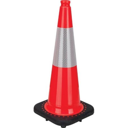 Orange traffic cone whit 4 in collar, 28 in. long, weight: 7.5 lbs. Made from 100% PVC.