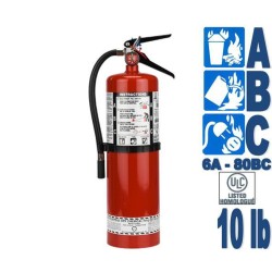 Portable fire extinguisher with powder, 10 lbs type ABC, ULC 6A 80 BC, with wall hook.