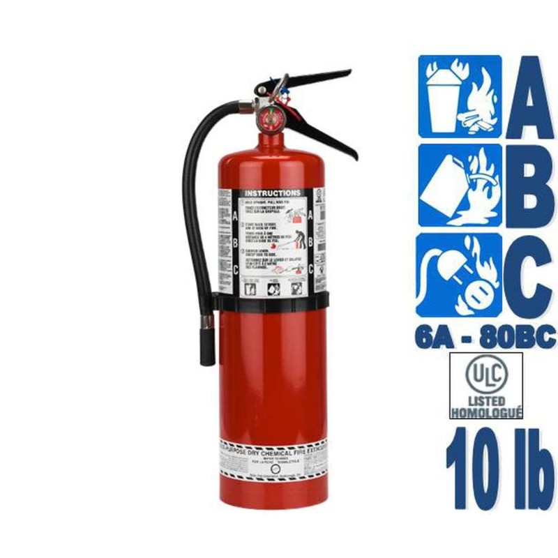 Portable fire extinguisher with powder, 10 lbs type ABC, ULC 6A 80 BC, with wall hook.