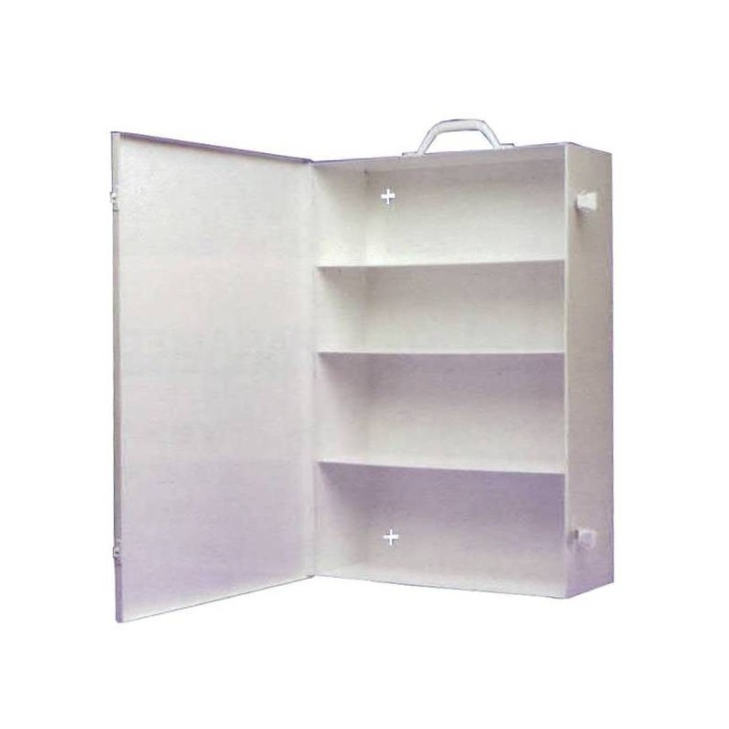 Wall-mounted, portable, metal first aid cabinet, with solid door panel and handle.