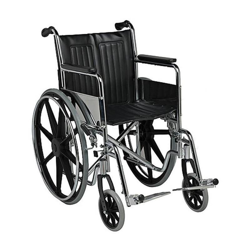 Folding wheelchair with steel frame and leatherette upholstery.
