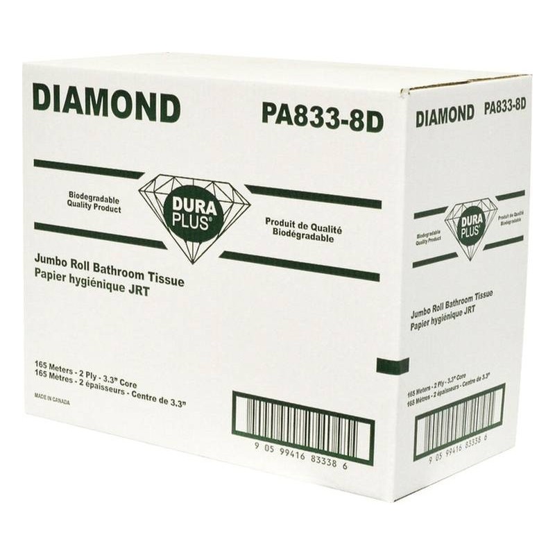 Papier de toilette de format  jumbo, 2 plis, 8 rouleaux par caisse. 