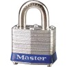 Regular padlock 1 ½ in (38 mm) wide laminated steel body with case hardened steel shackle. Size: 1 9/16 in wide.