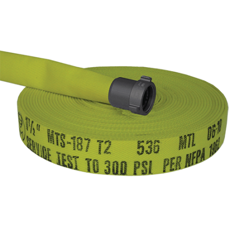 Forestry single-jacket fire hose, 1.5 in x 100 ft, with aluminium coupling.