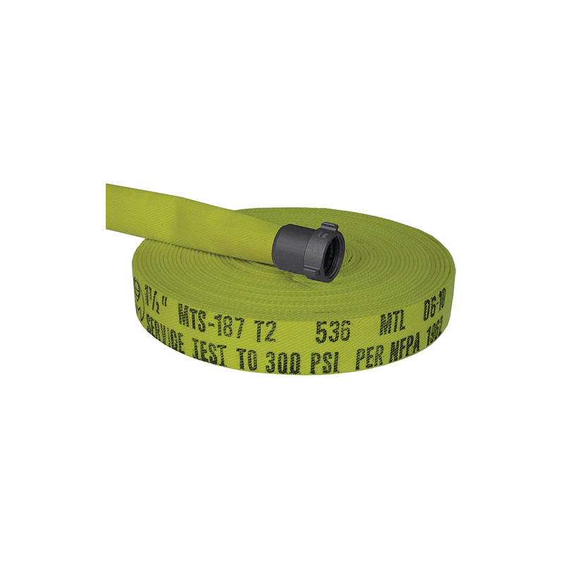 Forestry single-jacket fire hose, 1.5 in x 50 ft, with aluminium coupling.