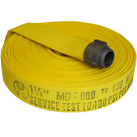 Permatek yellow fire hose with double jacket, 2.5 in x 50 ft, with aluminium coupling.