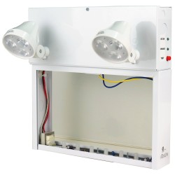 Unité d’éclairage d’urgence combo avec pictogramme vert «personne qui court» et 2 phares DEL, boîtier en métal, batterie incluse