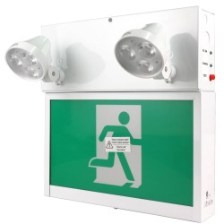 Combo LED emergency exit sign with green Running Man and 2 spotlights, steel casing, with back-up battery