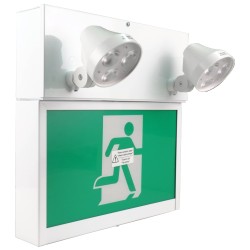 Combo LED emergency exit sign with green Running Man and 2 spotlights, steel casing, with back-up battery