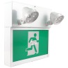 Combo LED emergency exit sign with green Running Man and 2 spotlights, steel casing, with back-up battery