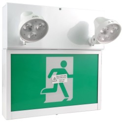 Unité d’éclairage d’urgence combo avec pictogramme vert «personne qui court» et 2 phares DEL, boîtier en métal, batterie incluse