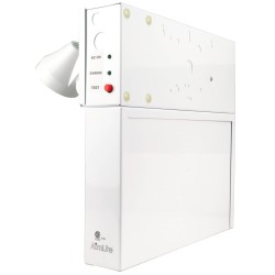 Combo LED emergency exit sign with green Running Man and 2 spotlights, steel casing, with back-up battery