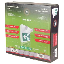 Unité d’éclairage d’urgence combo avec pictogramme vert «personne qui court» et 2 phares DEL, boîtier en métal, batterie incluse