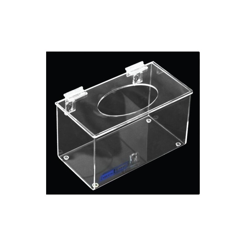 Distributeur en acrylique transparent avec couvercle plat et ouverture dans le haut pour filets à cheveux.