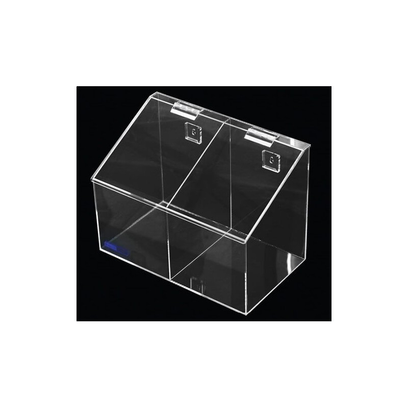Clear acrylic hairnet dispenser with 2 bins and slanted hinged lid, for wall mounting or table mounting.