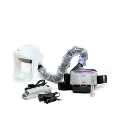 3M complete Versaflo powered air purifying respirator (PAPR) kit for pharmaceutical and health facilities. Head cover facepiece.