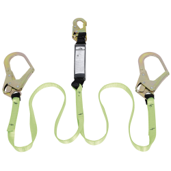 Peakworks Y-lanyard with 2 energy absorbing inner cores, a strong polyester webbing and two scaffold hooks, 110-220 lb.