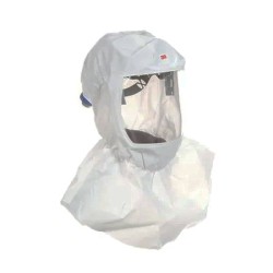 Cagoule blanche de série S par 3M pour système de protection respiratoire en milieu pharmaceutique. Arceau de tête réutilisable.