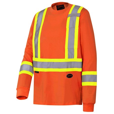 High visibility long-sleeved shirt, neon orange with reflective stripes.