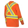 High visibility long-sleeved shirt, neon orange with reflective stripes.
