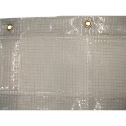 13 mil thick vinyl reinforced with polyester thread installed in a mesh, flame, oil and acid resistant.