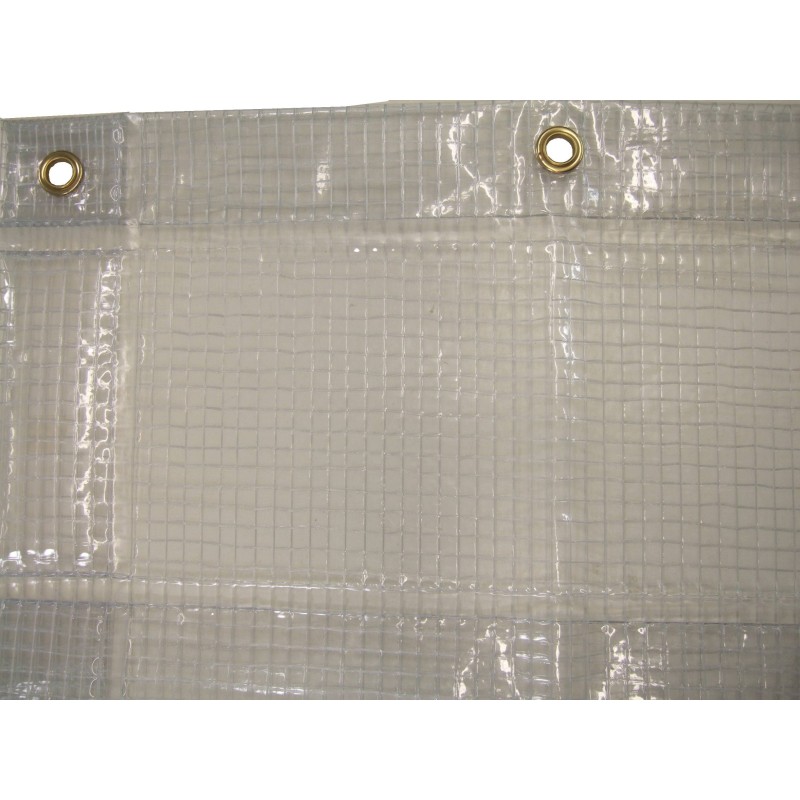 13 mil thick vinyl reinforced with polyester thread installed in a mesh, flame, oil and acid resistant.