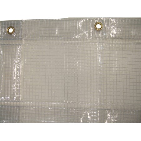 13 mil thick vinyl reinforced with polyester thread installed in a mesh, flame, oil and acid resistant.