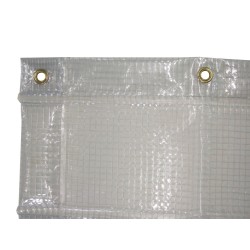 13 mil thick vinyl reinforced with polyester thread installed in a mesh, flame, oil and acid resistant.