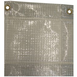 13 mil thick vinyl reinforced with polyester thread installed in a mesh, flame, oil and acid resistant.