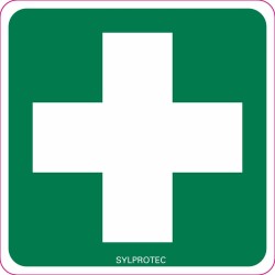 Self-adhesive vinyl cross sign for custom-made first aid signage on kits