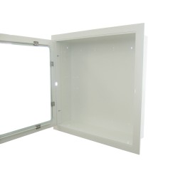 Recessed cabinet for fire hose of 75 to 100 ft and fire extinguisher of 5 or 10 lb, white