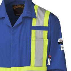 Blue 100% flame-resistant cotton safety coverall, ARC 2, with high-visibility reflective stripes