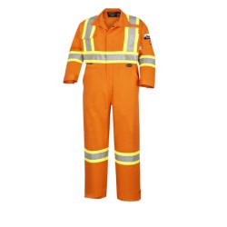 100% flame-resistant orange safety coverall, ARC 2, with high-visibility reflective stripes
