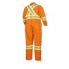 100% flame-resistant orange safety coverall, ARC 2, with high-visibility reflective stripes