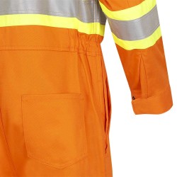 100% flame-resistant orange safety coverall, ARC 2, with high-visibility reflective stripes