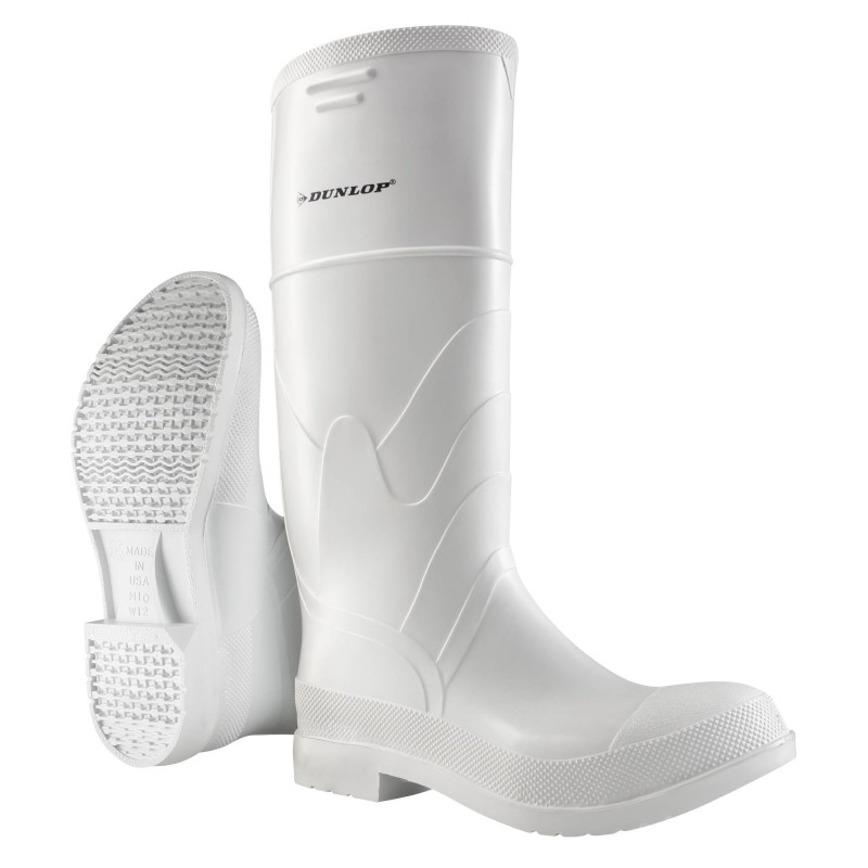 Waterproof white PVC Dunlop boots with steel toes and anti-slip soles