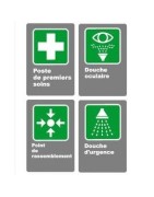 Posters according to CSA standards for emergency equipment.