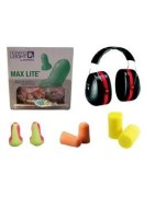 Hearing protection: earplugs and earmuffs.