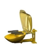 Wall-mounted, built-in, foot-activated, eyewash unit.