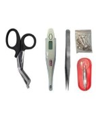 Medical scissors, safety pins, forceps, nail tools.